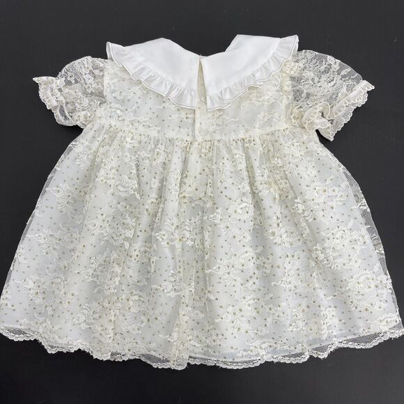 Vintage Nana’s Pet Designer Lace Ivory Gold Satin Dress 12 Months Wedding Lovely - Picture 2 of 9